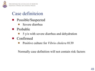 Case definiteion Possible/Suspected Severe diarrhea Probable 5 y/o with severe diarrhea and dehydration Confirmed Positive culture for  Vibrio cholera  0139  Normally case definition will not contain risk factors 