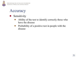 Accuracy Sensitivity Ability of the test to identify correctly those who have the disease Probability of a positive test in people with the disease  
