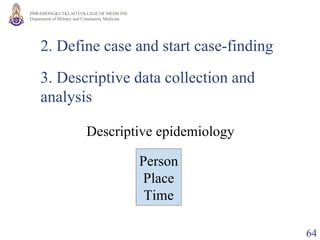 2. Define case and start case-finding 3. Descriptive data collection and analysis Descriptive epidemiology Person Place Time 