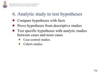 6. Analytic study to test hypotheses Compare hypotheses with facts Prove hypotheses from descriptive studies Test specific hypotheses with analytic studies between cases and none cases Case-control studies Cohort studies 