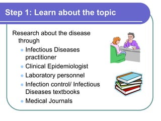 Step 1: Learn about the topic
Research about the disease
through
 Infectious Diseases
practitioner
 Clinical Epidemiologist
 Laboratory personnel
 Infection control/ Infectious
Diseases textbooks
 Medical Journals
 