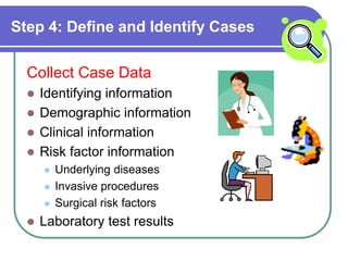 Step 4: Define and Identify Cases
Collect Case Data
 Identifying information
 Demographic information
 Clinical information
 Risk factor information
 Underlying diseases
 Invasive procedures
 Surgical risk factors
 Laboratory test results
 
