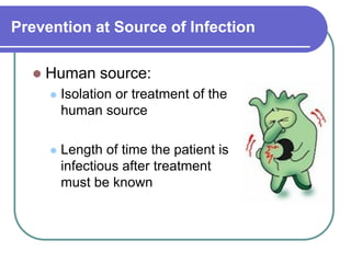 Prevention at Source of Infection
 Human source:
 Isolation or treatment of the
human source
 Length of time the patient is
infectious after treatment
must be known
 