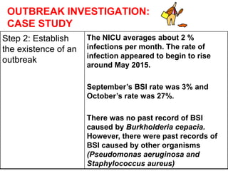 OUTBREAK INVESTIGATION:
CASE STUDY
Step 2: Establish
the existence of an
outbreak
The NICU averages about 2 %
infections per month. The rate of
infection appeared to begin to rise
around May 2015.
September’s BSI rate was 3% and
October’s rate was 27%.
There was no past record of BSI
caused by Burkholderia cepacia.
However, there were past records of
BSI caused by other organisms
(Pseudomonas aeruginosa and
Staphylococcus aureus)
 