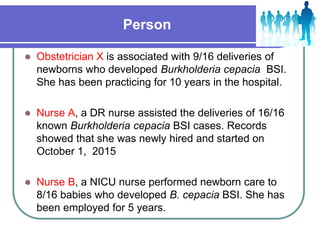 Person
 Obstetrician X is associated with 9/16 deliveries of
newborns who developed Burkholderia cepacia BSI.
She has been practicing for 10 years in the hospital.
 Nurse A, a DR nurse assisted the deliveries of 16/16
known Burkholderia cepacia BSI cases. Records
showed that she was newly hired and started on
October 1, 2015
 Nurse B, a NICU nurse performed newborn care to
8/16 babies who developed B. cepacia BSI. She has
been employed for 5 years.
 