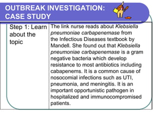 OUTBREAK INVESTIGATION:
CASE STUDY
Step 1: Learn
about the
topic
The link nurse reads about Klebsiella
pneumoniae carbapenemase from
the Infectious Diseases textbook by
Mandell. She found out that Klebsiella
pneumoniae carbapenemase is a gram
negative bacteria which develop
resistance to most antibiotics including
cabapenems. It is a common cause of
nosocomial infections such as UTI,
pneumonia, and meningitis. It is an
important opportunistic pathogen in
hospitalized and immunocompromised
patients.
 