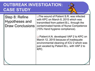 OUTBREAK INVESTIGATION:
CASE STUDY
Step 8: Refine
Hypotheses and
Draw Conclusions
The wound of Patient S.R. was infected
with KPC on March 8, 2015 which was
transmitted from patient B.L. through the
contaminated hands of Nurse Competence
(15% Hand hygiene compliance).
 Patient A.N. developed VAP 2 to KPC on
March 12, 2015 because of inadequate
environmental cleaning of ICU 2 which was
just vacated by Patient B.L. with VAP 2 to
KPC.
 