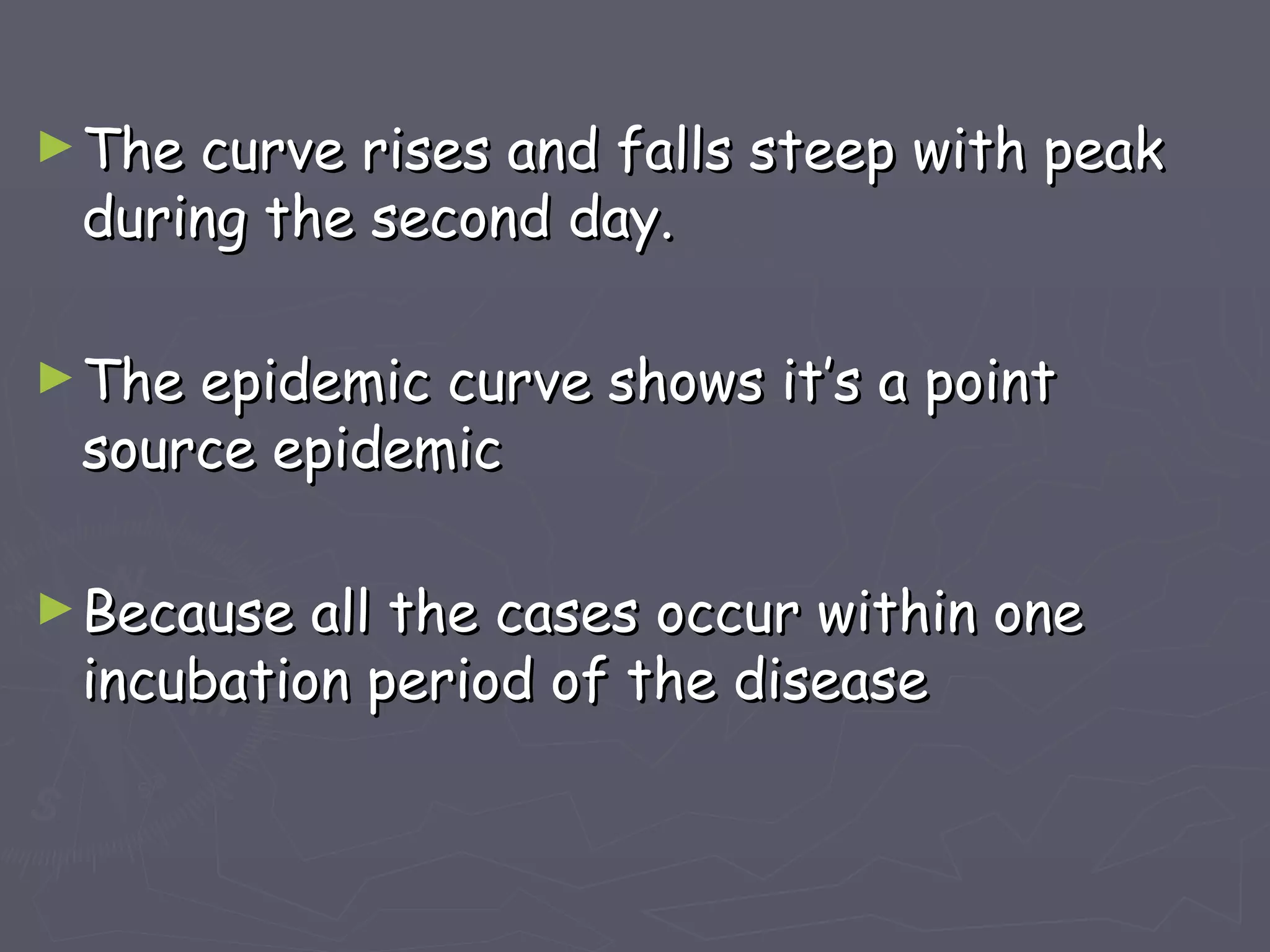 ► Thecurve rises and falls steep with peak
 during the second day.

► Theepidemic curve shows it’s a point
 source epidemic

► Because all the cases occur within one
 incubation period of the disease
 