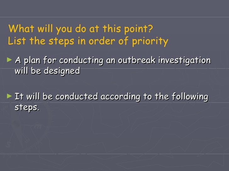 steps of an outbreak investigation Sars outbreak study 1: print module list the six steps in an outbreak investigation describe the role of an epidemiologist during an outbreak investigation. steps of an outbreak investigation Sars outbreak study 1: print module list the six steps in an outbreak investigation describe the role of an epidemiologist during an outbreak investigation.