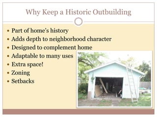 Attached GaragesAs cars became safer and lot sizes changed, the garage moved closer to the houseBy the mid 1920s, designs with attached garages were seen in mail order catalogsNot compatible with long narrow lots typical in early neighborhoodsBy the 1940s, attached garages were commonAttached carports (portecochere) popular in Florida