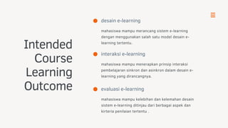 desain e-learning
mahasiswa mampu merancang sistem e-learning
dengan menggunakan salah satu model desain e-
learning tertentu.
Intended
Course
Learning
Outcome
interaksi e-learning
mahasiswa mampu menerapkan prinsip interaksi
pembelajaran sinkron dan asinkron dalam desain e-
learning yang dirancangnya.
evaluasi e-learning
mahasiswa mampu kelebihan dan kelemahan desain
sistem e-learning ditinjau dari berbagai aspek dan
kirteria penilaian tertentu .