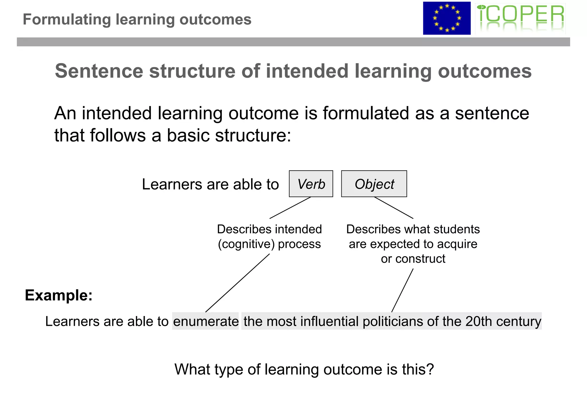 Formulating learning outcomes


    Sentence structure of intended learning outcomes

   An intended learning outcome is formulated as a sentence
   that follows a basic structure:

                  Learners are able to      Verb     Object


                              Describes intended    Describes what students
                              (cognitive) process   are expected to acquire
                                                          or construct


Example:
  Learners are able to enumerate the most influential politicians of the 20th century


                       What type of learning outcome is this?
 