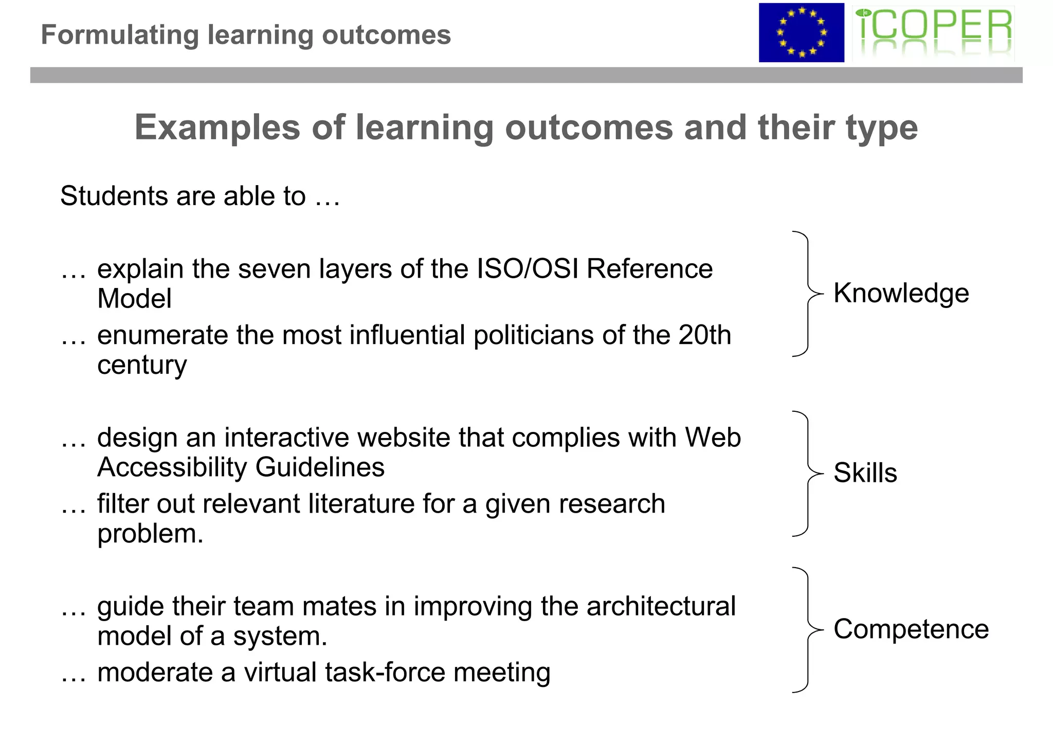 Formulating learning outcomes


       Examples of learning outcomes and their type
 Students are able to …

 … explain the seven layers of the ISO/OSI Reference
   Model                                                    Knowledge
 … enumerate the most influential politicians of the 20th
   century

 … design an interactive website that complies with Web
   Accessibility Guidelines                                 Skills
 … filter out relevant literature for a given research
   problem.

 … guide their team mates in improving the architectural
   model of a system.                                       Competence
 … moderate a virtual task-force meeting
 