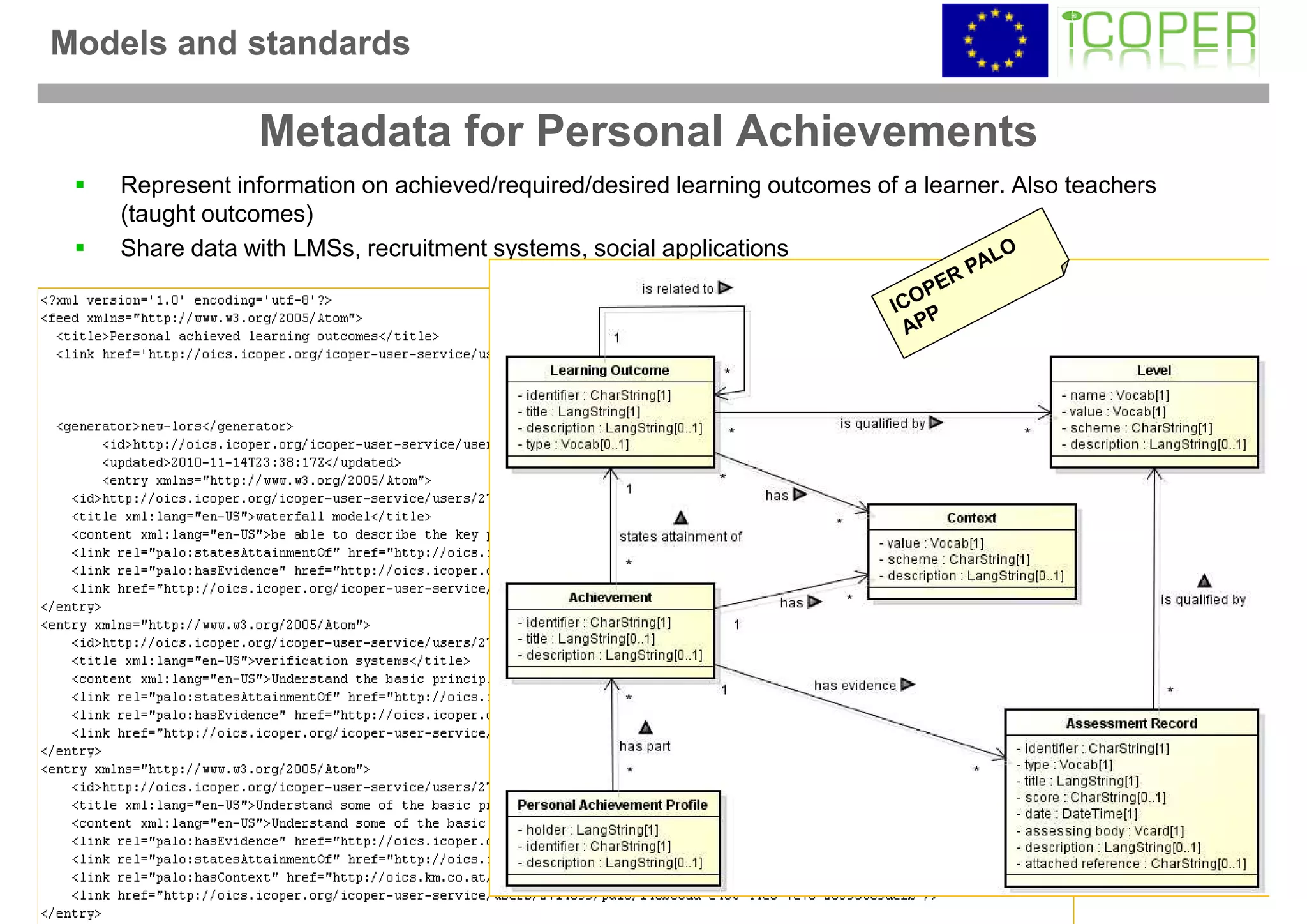 Models and standards

               Metadata for Personal Achievements
   Represent information on achieved/required/desired learning outcomes of a learner. Also teachers
   (taught outcomes)
   Share data with LMSs, recruitment systems, social applications
 