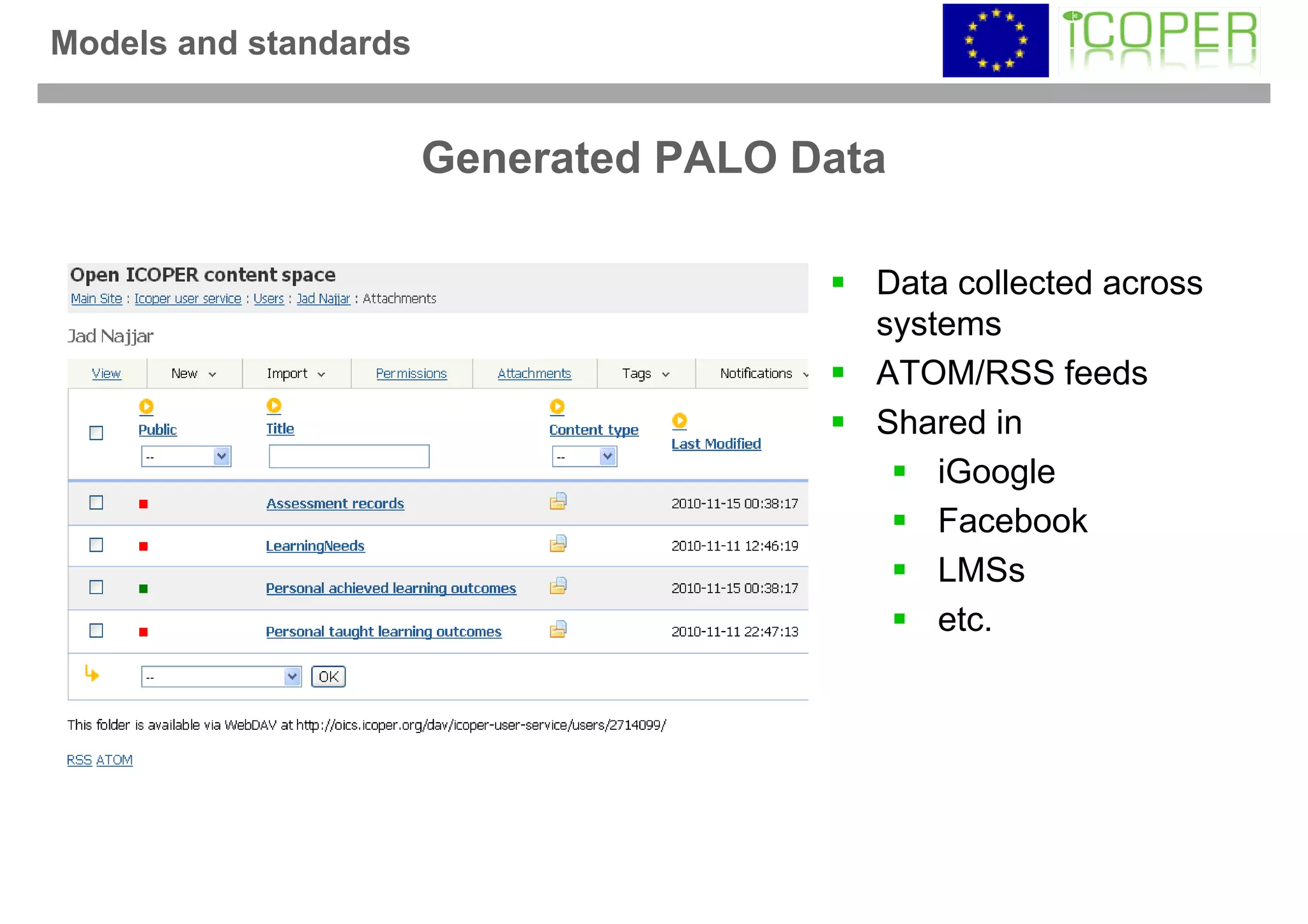 Models and standards


                       Generated PALO Data

                                         Data collected across
                                         systems
                                         ATOM/RSS feeds
                                         Shared in
                                             iGoogle
                                             Facebook
                                             LMSs
                                             etc.
 