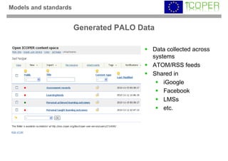 Models and standards


                       Generated PALO Data

                                         Data collected across
                                         systems
                                         ATOM/RSS feeds
                                         Shared in
                                             iGoogle
                                             Facebook
                                             LMSs
                                             etc.
 
