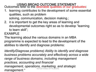USING BROAD OUTCOME STATEMENT
Outcomes refer to the desirable qualities of our graduates:
1. learning contributes to the development of some essential
qualities, such as problem
solving, communication, decision making.;
2. it is important to get the key areas of learning and
developmental outcomes right so as to develop ”learning
to learn skill”;
EXAMPLE
The learning about the various domains in an MBA
programme is expected to lead to the development of the
abilities to identify and diagnose problems:
Identify/Diagnose problems) Ability to identify and diagnose
business problems accurately and effectively across a wide
range of business domains, including management
practices, accounting and financial
management, operations, marketing, and strategic
PEEYUSH VERMA, NITTTR, BHOPAL
management.“

 