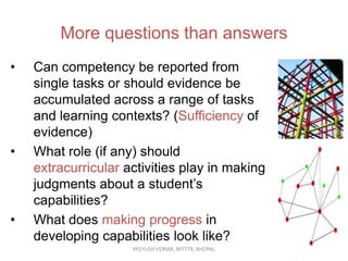 More questions than answers
•

•

•

Can competency be reported from
single tasks or should evidence be
accumulated across a range of tasks
and learning contexts? (Sufficiency of
evidence)
What role (if any) should
extracurricular activities play in making
judgments about a student‟s
capabilities?
What does making progress in
developing capabilities look like?
PEEYUSH VERMA, NITTTR, BHOPAL

 