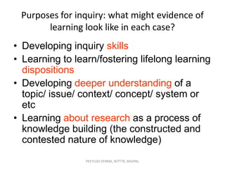 Purposes for inquiry: what might evidence of
learning look like in each case?
• Developing inquiry skills
• Learning to learn/fostering lifelong learning
dispositions
• Developing deeper understanding of a
topic/ issue/ context/ concept/ system or
etc
• Learning about research as a process of
knowledge building (the constructed and
contested nature of knowledge)
PEEYUSH VERMA, NITTTR, BHOPAL

 