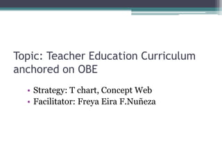 Topic: Teacher Education Curriculum
anchored on OBE
• Strategy: T chart, Concept Web
• Facilitator: Freya Eira F.Nuñeza
 