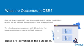 What are Outcomes in OBE ?
The educators set some necessary skills & knowledge that
learner should possess at the end of their education.
Outcome Based Education is a learning paradigm that focuses on the outcomes
or goals that are achieved at the end of education instead of results.
These are identified as the outcomes.
 