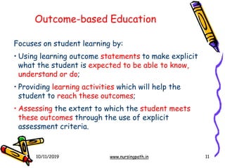 Outcome-based Education
10/11/2019 www.nursingpath.in 11
Focuses on student learning by:
• Using learning outcome statements to make explicit
what the student is expected to be able to know,
understand or do;
• Providing learning activities which will help the
student to reach these outcomes;
• Assessing the extent to which the student meets
these outcomes through the use of explicit
assessment criteria.
 