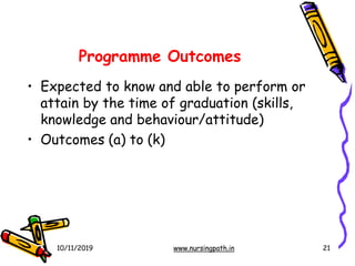 • Expected to know and able to perform or
attain by the time of graduation (skills,
knowledge and behaviour/attitude)
• Outcomes (a) to (k)
10/11/2019 www.nursingpath.in 21
Programme Outcomes
 