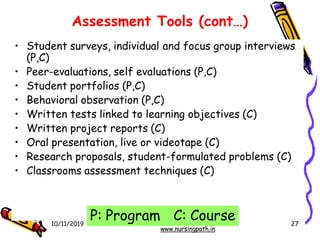 Assessment Tools (cont…)
• Student surveys, individual and focus group interviews
(P,C)
• Peer-evaluations, self evaluations (P,C)
• Student portfolios (P,C)
• Behavioral observation (P,C)
• Written tests linked to learning objectives (C)
• Written project reports (C)
• Oral presentation, live or videotape (C)
• Research proposals, student-formulated problems (C)
• Classrooms assessment techniques (C)
P: Program C: Course
10/11/2019 27
www.nursingpath.in
 