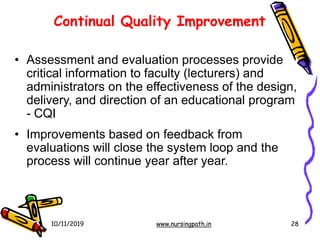 Continual Quality Improvement
10/11/2019 www.nursingpath.in 28
• Assessment and evaluation processes provide
critical information to faculty (lecturers) and
administrators on the effectiveness of the design,
delivery, and direction of an educational program
- CQI
• Improvements based on feedback from
evaluations will close the system loop and the
process will continue year after year.
 