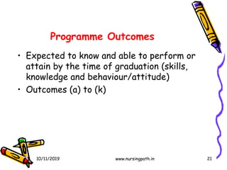 21
• Expected to know and able to perform or
attain by the time of graduation (skills,
knowledge and behaviour/attitude)
• Outcomes (a) to (k)
Programme Outcomes
10/11/2019 www.nursingpath.in
 