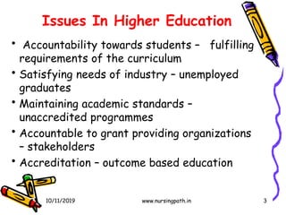 3
Issues In Higher Education
• Accountability towards students – fulfilling
requirements of the curriculum
• Satisfying needs of industry – unemployed
graduates
• Maintaining academic standards –
unaccredited programmes
• Accountable to grant providing organizations
– stakeholders
• Accreditation – outcome based education
10/11/2019 www.nursingpath.in
 