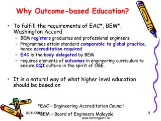5
Why Outcome-based Education?
• To fulfill the requirements of EAC*, BEM*,
Washington Accord
– BEM registers graduates and professional engineers
– Programmes attain standard comparable to global practice,
hence accreditation required
– EAC is the body delegated by BEM
– requires elements of outcomes in engineering curriculum to
ensure CQI culture in the spirit of OBE.
• It is a natural way of what higher level education
should be based on
*EAC – Engineering Accreditation Council
*BEM – Board of Engineers Malaysia10/11/2019
www.nursingpath.in
 