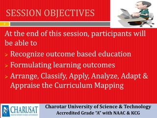 SESSION OBJECTIVES
2
At the end of this session, participants will
be able to
 Recognize outcome based education
 Formulating learning outcomes
 Arrange, Classify, Apply, Analyze, Adapt &
Appraise the Curriculum Mapping
Charotar University of Science & Technology
Accredited Grade “A” with NAAC & KCG
 