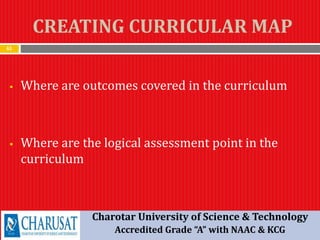 CREATING CURRICULAR MAP
61
 Where are outcomes covered in the curriculum
 Where are the logical assessment point in the
curriculum
Charotar University of Science & Technology
Accredited Grade “A” with NAAC & KCG
 