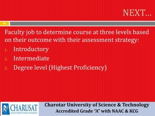 NEXT…
64
Faculty job to determine course at three levels based
on their outcome with their assessment strategy:
1. Introductory
2. Intermediate
3. Degree level (Highest Proficiency)
Charotar University of Science & Technology
Accredited Grade “A” with NAAC & KCG
 