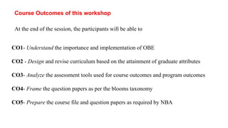 At the end of the session, the participants will be able to
Course Outcomes of this workshop
CO1- Understand the importance and implementation of OBE
CO2 - Design and revise curriculum based on the attainment of graduate attributes
CO3- Analyze the assessment tools used for course outcomes and program outcomes
CO4- Frame the question papers as per the blooms taxonomy
CO5- Prepare the course file and question papers as required by NBA
 