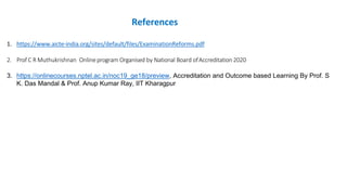 References
1. https://www.aicte-india.org/sites/default/files/ExaminationReforms.pdf
2. Prof C R Muthukrishnan Online program Organised by National Board ofAccreditation 2020
3. https://onlinecourses.nptel.ac.in/noc19_ge18/preview, Accreditation and Outcome based Learning By Prof. S
K. Das Mandal & Prof. Anup Kumar Ray, IIT Kharagpur
 