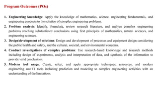 Program Outcomes (POs)
1. Engineering knowledge: Apply the knowledge of mathematics, science, engineering fundamentals, and
engineering concepts to the solution of complex engineering problems.
2. Problem analysis: Identify, formulate, review research literature, and analyze complex engineering
problems reaching substantiated conclusions using first principles of mathematics, natural sciences, and
engineering sciences.
3. Design/development of solutions: Design and development of processes and equipment design considering
the public health and safety, and the cultural, societal, and environmental concerns.
4. Conduct investigations of complex problems: Use research-based knowledge and research methods
including design of experiments, analysis and interpretation of data, and synthesis of the information to
provide valid conclusions.
5. Modern tool usage: Create, select, and apply appropriate techniques, resources, and modern
engineering and IT tools including prediction and modeling to complex engineering activities with an
understanding of the limitations.
 