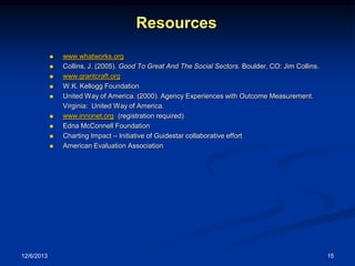 Resources












12/6/2013

www.whatworks.org
Collins, J. (2005). Good To Great And The Social Sectors. Boulder, CO: Jim Collins.
www.grantcraft.org
W.K. Kellogg Foundation
United Way of America. (2000). Agency Experiences with Outcome Measurement.
Virginia: United Way of America.
www.innonet.org (registration required)
Edna McConnell Foundation
Charting Impact – Initiative of Guidestar collaborative effort
American Evaluation Association

15

 