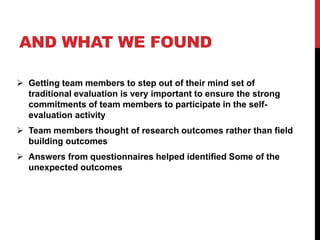 Outcome harvesting as the monitoring and evaluation tool in the Ecohealth Field Building Initiative Leadership Initiative (FBLI)
