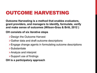Outcome harvesting as the monitoring and evaluation tool in the Ecohealth Field Building Initiative Leadership Initiative (FBLI)