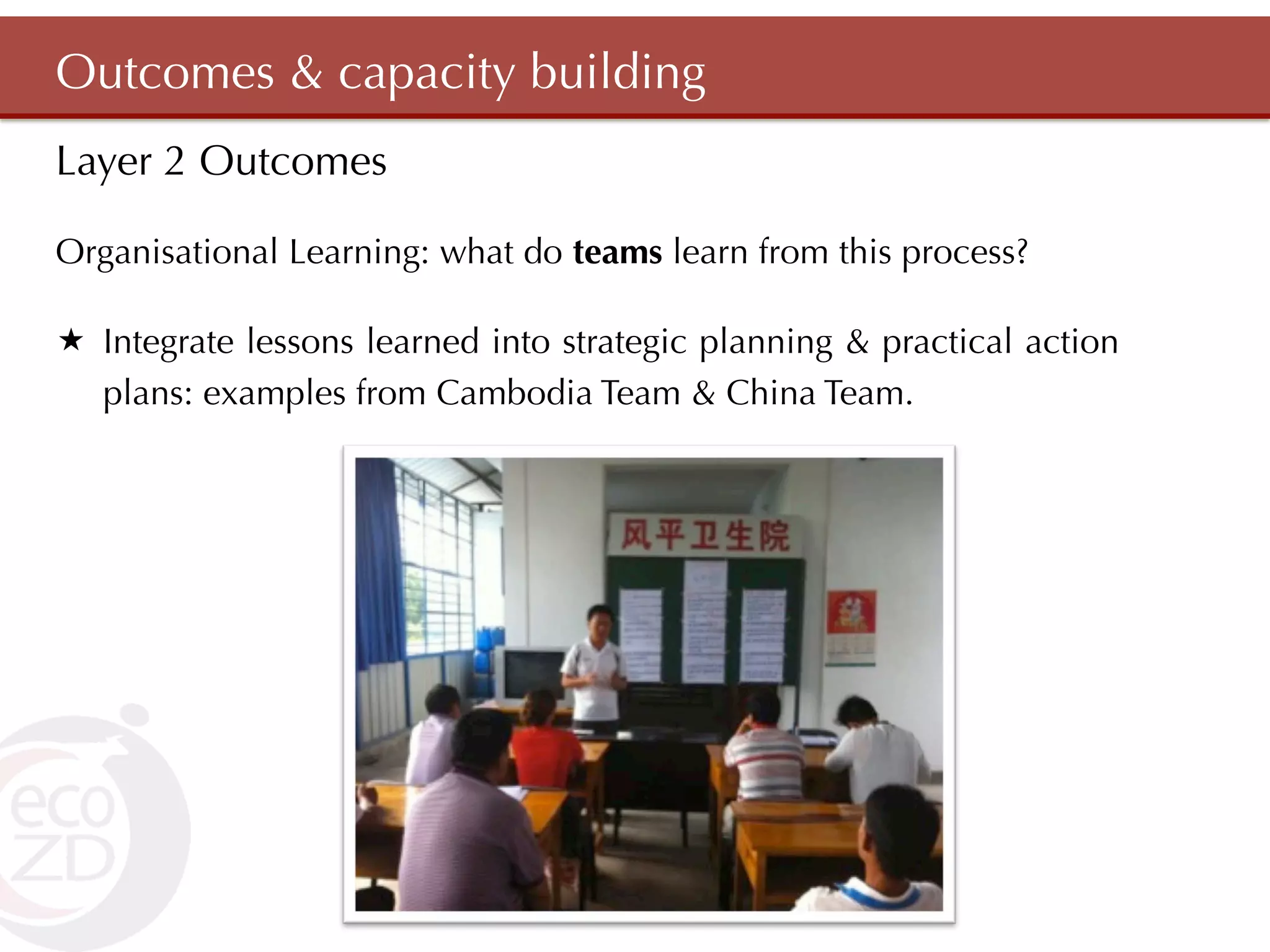 Outcomes & capacity building
Layer 2 Outcomes

Organisational Learning: what do teams learn from this process?

«  Integrate lessons learned into strategic planning & practical action
    plans: examples from Cambodia Team & China Team.
 