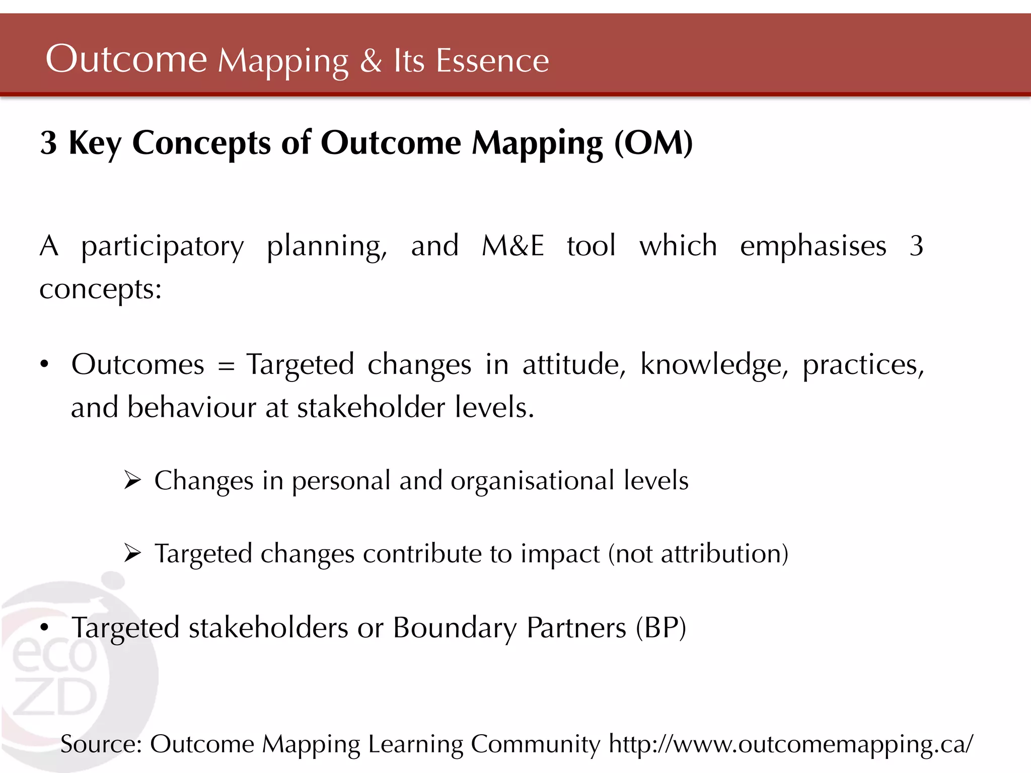 Outcome Mapping & Its Essence

3 Key Concepts of Outcome Mapping (OM)

A participatory planning, and M&E tool which emphasises 3
concepts:

•  Outcomes = Targeted changes in attitude, knowledge, practices,
   and behaviour at stakeholder levels.

      Ø  Changes in personal and organisational levels

      Ø  Targeted changes contribute to impact (not attribution)

•  Targeted stakeholders or Boundary Partners (BP)


 Source: Outcome Mapping Learning Community http://www.outcomemapping.ca/
 