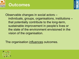 Outcomes

Observable changes in social actors –
 individuals, groups, organisations, institutions –
 that potentially contribute to the long-term,
 sustainable improvement in people’s lives or
 the state of the environment envisioned in the
 vision of the organisation.

The organisation influences outcomes.
 