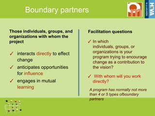 Boundary partners

Those individuals, groups, and   Facilitation questions
organizations with whom the
project                          ✓ In which
                                   individuals, groups, or
✓ interacts directly to effect     organizations is your
                                   program trying to encourage
  change                           change as a contribution to
✓ anticipates opportunities        the vision?
  for influence
                                 ✓ With whom will you work
✓ engages in mutual               directly?
  learning
                                 A program has normally not more
                                 than 4 or 5 types ofboundary
                                 partners
 