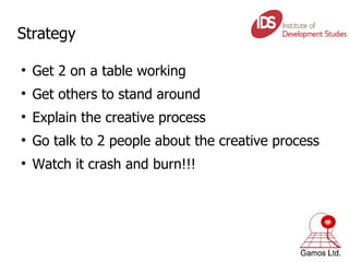 Strategy Get 2 on a table working Get others to stand around Explain the creative process Go talk to 2 people about the creative process Watch it crash and burn!!! 