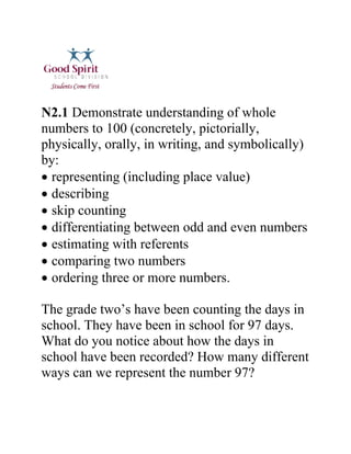 N2.1 Demonstrate understanding of whole
numbers to 100 (concretely, pictorially,
physically, orally, in writing, and symbolically)
by:
• representing (including place value)
• describing
• skip counting
• differentiating between odd and even numbers
• estimating with referents
• comparing two numbers
• ordering three or more numbers.

The grade two’s have been counting the days in
school. They have been in school for 97 days.
What do you notice about how the days in
school have been recorded? How many different
ways can we represent the number 97?
 