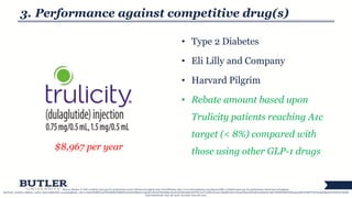 3. Performance against competitive drug(s)
• Type 2 Diabetes
• Eli Lilly and Company
• Harvard Pilgrim
• Rebate amount based upon
Trulicity patients reaching A1c
target (< 8%) compared with
those using other GLP-1 drugs
17
$8,967 per year
Source: Stanton T. Lilly’s trulicity joins pay-for-performance trend with harvard pilgrim deal. FiercePharma: http://www.fiercepharma.com/pharma/lilly-s-trulicity-joins-pay-for-performance-trend-harvard-pilgrim-
deal?utm_medium=nl&utm_source=internal&mrkid=22430845&mkt_tok=eyJpIjoiWldSbU5qTXhOREE0TlRBNSIsInQiOiJBQnJcL3dtcjFwMU5iVWk0MkpwSmE1QUErbzdjS1ZsWTZCYmVVeFMwXC92eVQ5dEFnZFwvXC9mNE5zZ0FmRW5HQkxkY1ZhcTZSNkZHdFF2SGp5amM3cWJMTTN0Nm9jaFBpZmVDNEdVT2RsMl
VnaUU9In0%3D. June 28, 2016. Accessed: June 28, 2016.
 