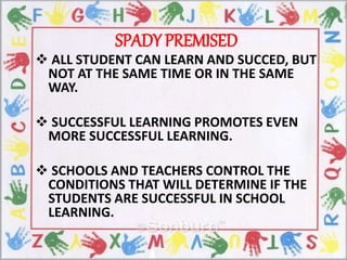 SPADY PREMISED
 ALL STUDENT CAN LEARN AND SUCCED, BUT
NOT AT THE SAME TIME OR IN THE SAME
WAY.
 SUCCESSFUL LEARNING PROMOTES EVEN
MORE SUCCESSFUL LEARNING.
 SCHOOLS AND TEACHERS CONTROL THE
CONDITIONS THAT WILL DETERMINE IF THE
STUDENTS ARE SUCCESSFUL IN SCHOOL
LEARNING.
 