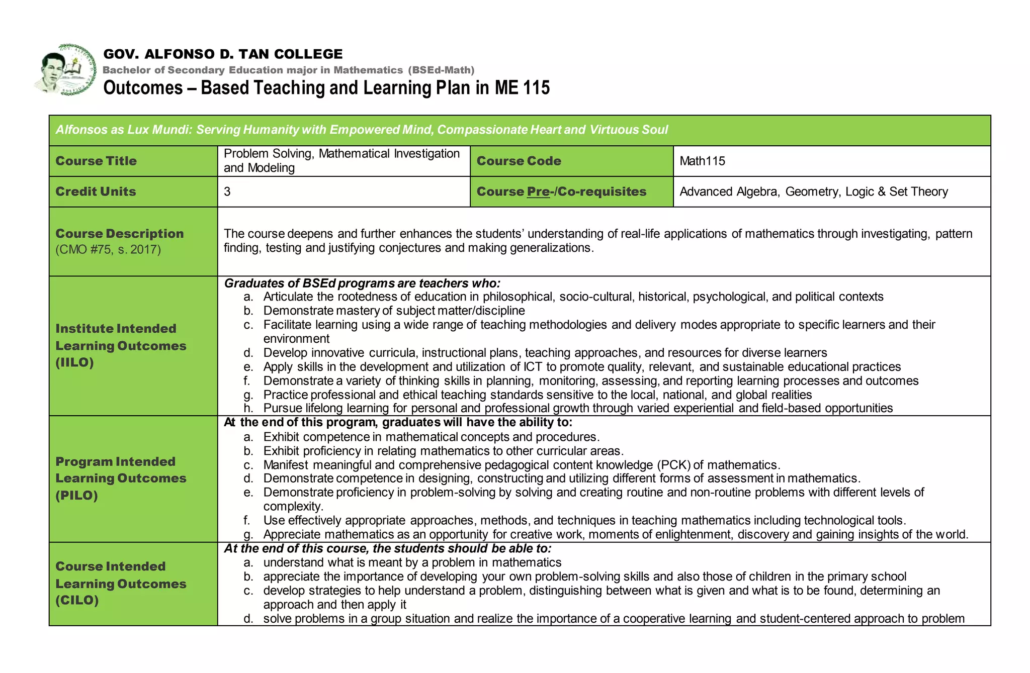 Outcomes based teaching learning plan (obtl) - Problem Solving ...